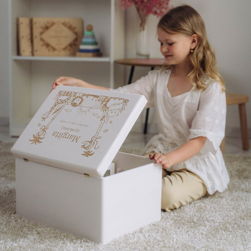 Personalisierte Box für Baby - Dschungel - Kinder Erinnerungskiste - Holzkiste Weiß, FSC® | Erinnerungsbox aus Holz - Babybox mit Gravur M | L | XL.