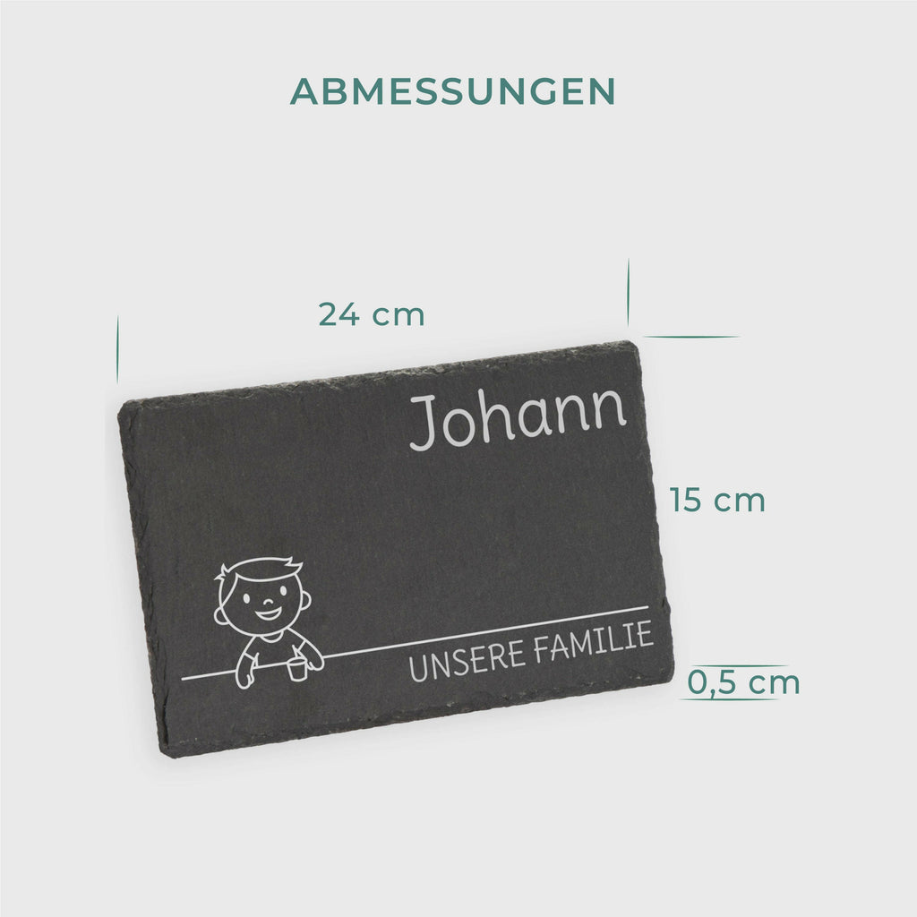 Frühstücksbrettchen für Kinder mit Gravur  - Personalisiert mit Namen - Kleiner Sohn "Unsere Familie" | Schieferstein - Geschenk von Eltern.