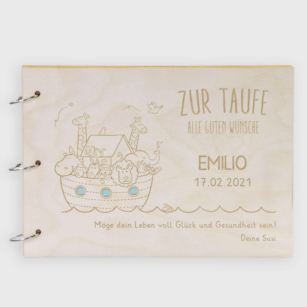 Fotoalbum Baby personalisiert mit Gravur - Gästebuch für Babyparty aus Holz - Arche Noah | natur, A4 Format  - Erinnerungsbuch zum Selbstge.