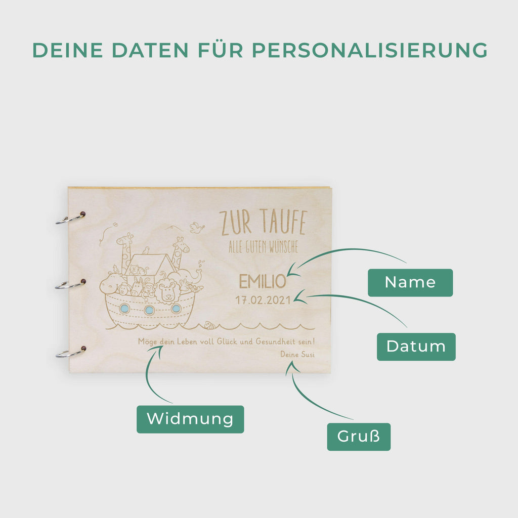 Fotoalbum Baby personalisiert mit Gravur - Gästebuch für Babyparty aus Holz - Arche Noah | natur, A4 Format  - Erinnerungsbuch zum Selbstge.