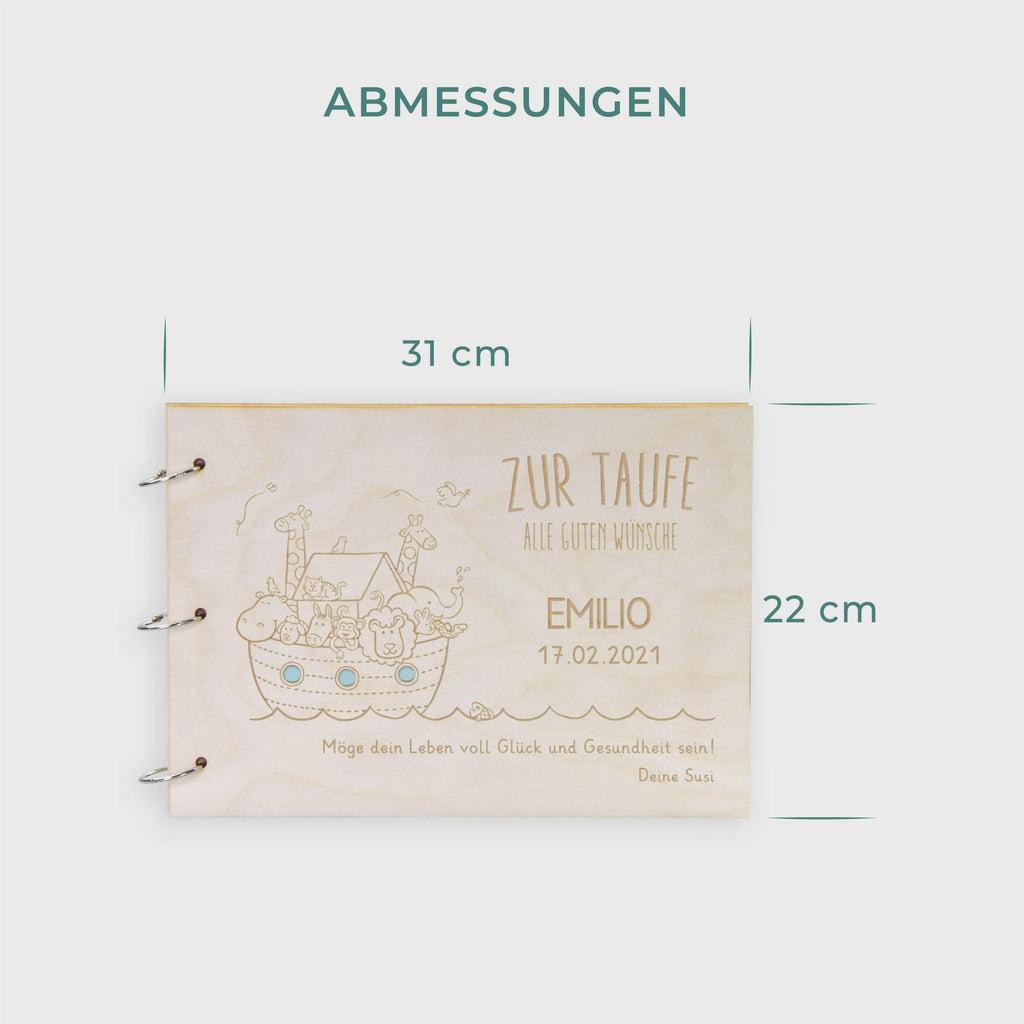 Fotoalbum Baby personalisiert mit Gravur - Gästebuch für Babyparty aus Holz - Arche Noah | natur, A4 Format  - Erinnerungsbuch zum Selbstge.