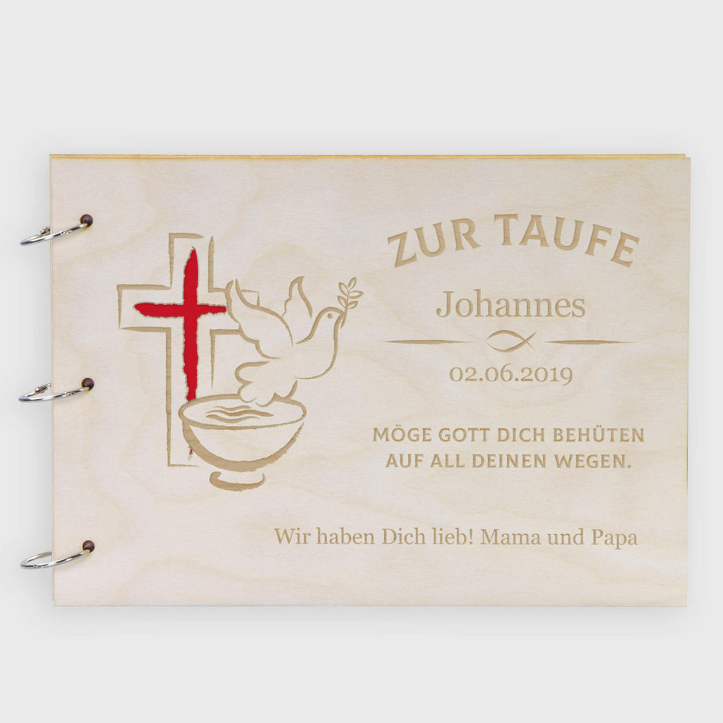 Fotoalbum Baby personalisiert mit Gravur - Gästebuch für Babyparty aus Holz - Taube | natur, A4 Format  - Erinnerungsbuch zum Selbstge.