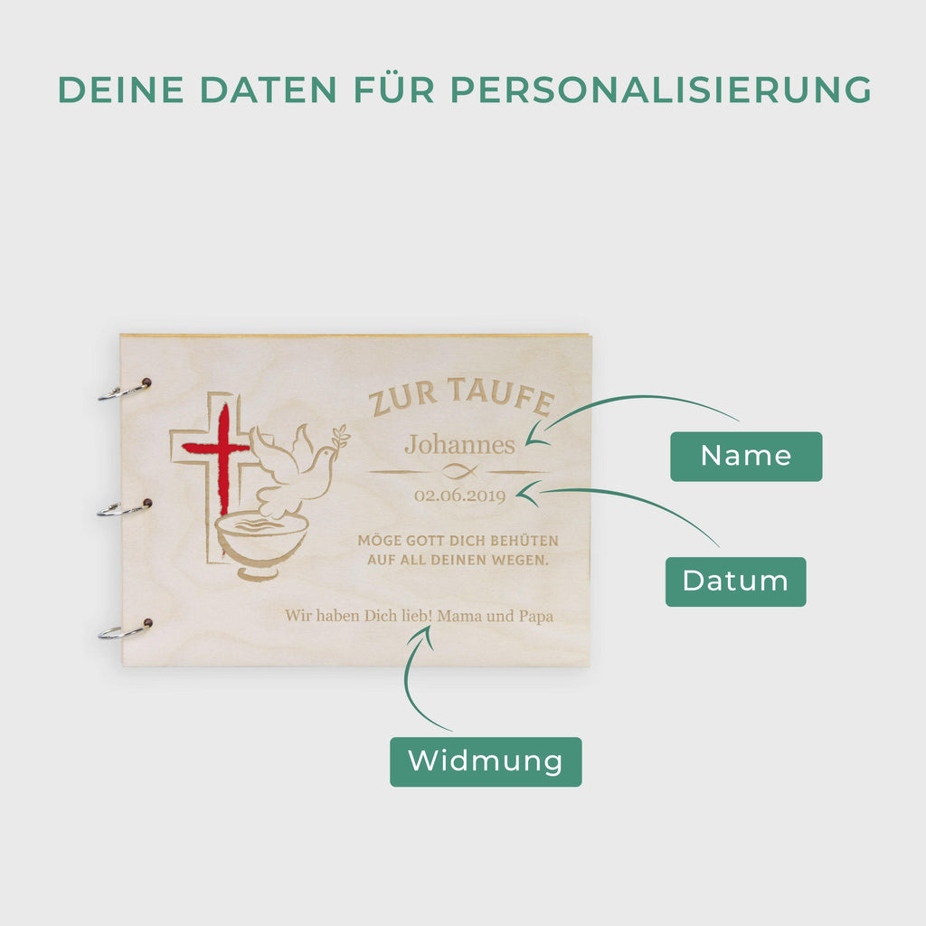 Fotoalbum Baby personalisiert mit Gravur - Gästebuch für Babyparty aus Holz - Taube | natur, A4 Format  - Erinnerungsbuch zum Selbstge.