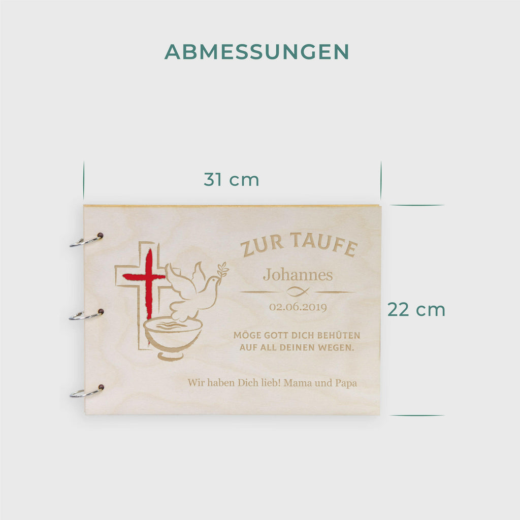 Fotoalbum Baby personalisiert mit Gravur - Gästebuch für Babyparty aus Holz - Taube | natur, A4 Format  - Erinnerungsbuch zum Selbstge.