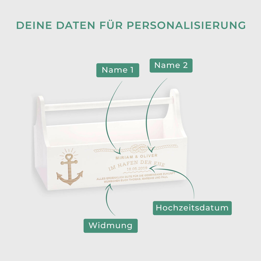 Geschenkkorb zur Hochzeit - Personalisiert - Hafen der Ehe Motiv - Weiß.