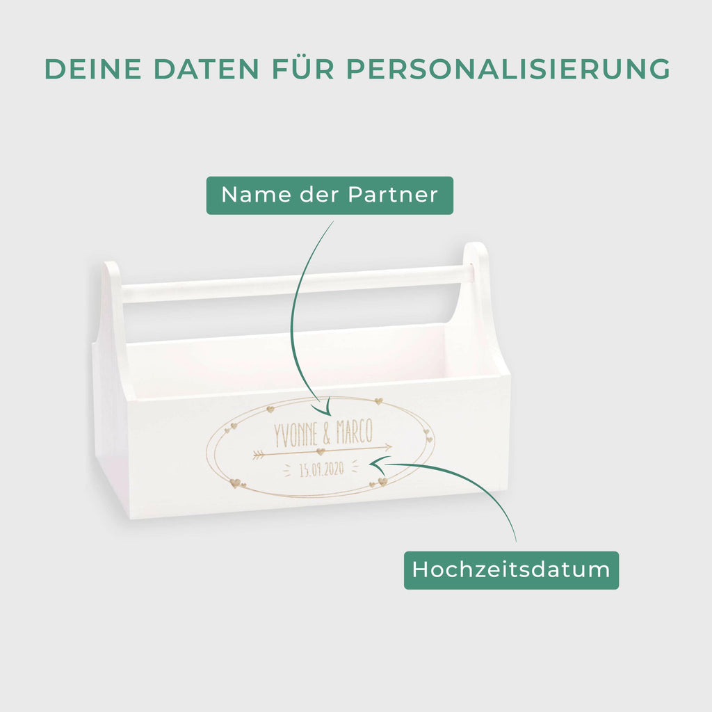 Geschenkkorb zur Hochzeit - Personalisiert - Liebespfeil Motiv - Weiß.