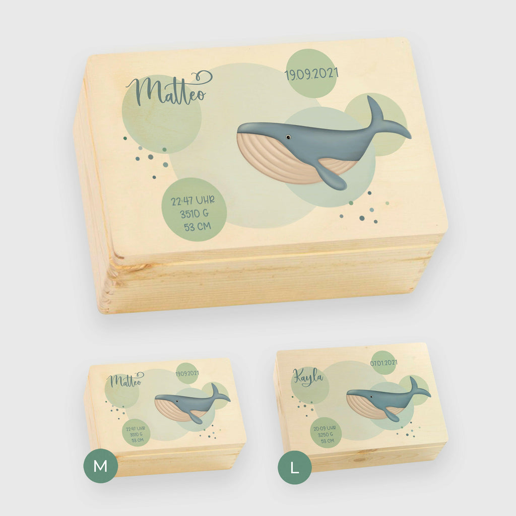 Erinnerungsbox für Baby - Wal & Ozean - Holzkiste zur Geburt - Natur, FSC® | Personalisierte Erinnerungskiste als Geschenk, Babykiste - M & L.