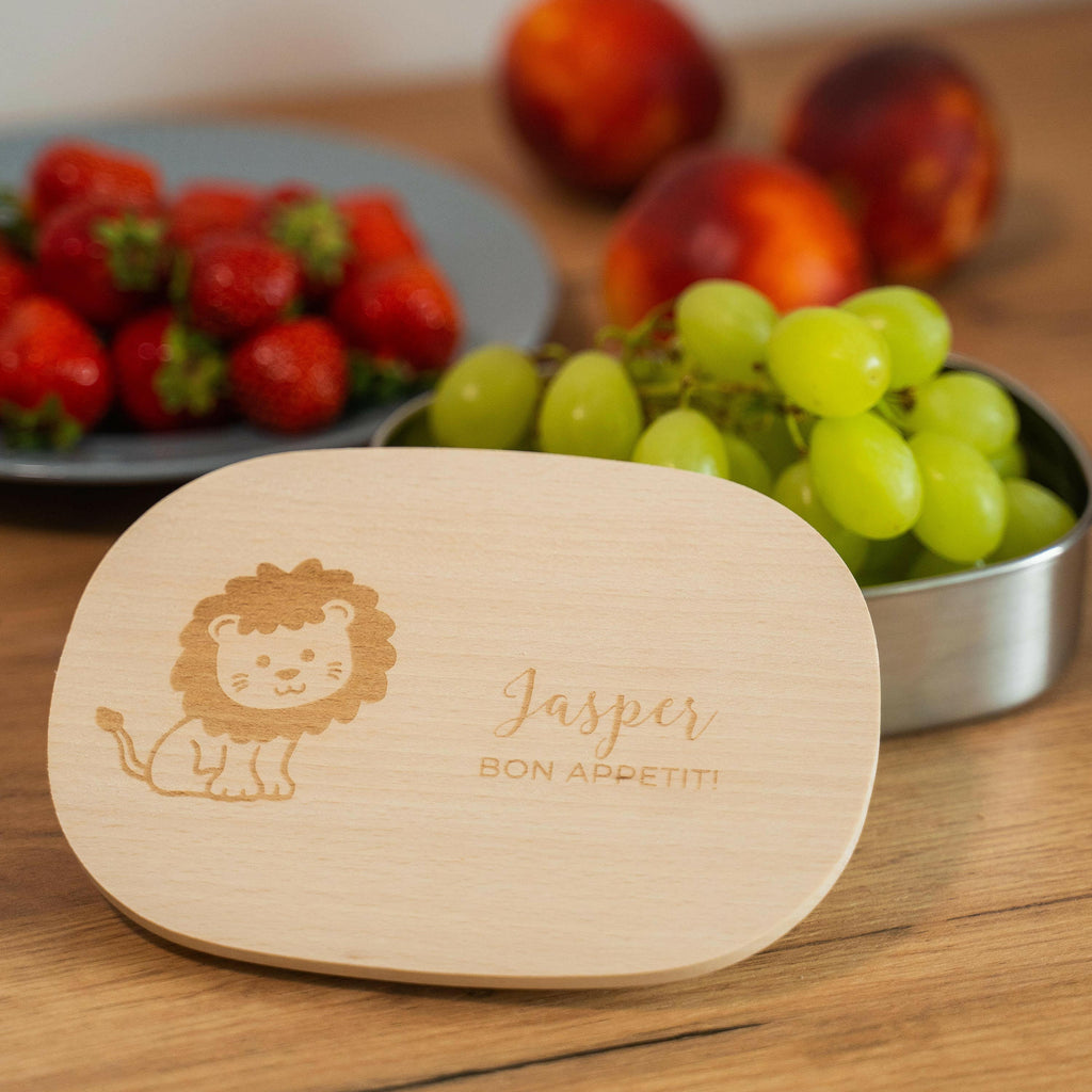 Personalisierte Kinderbrotdose Kindergarten - Lunchbox Kinder aus Edelstahl mit Holzdeckel - Löwe Motiv - Image 2