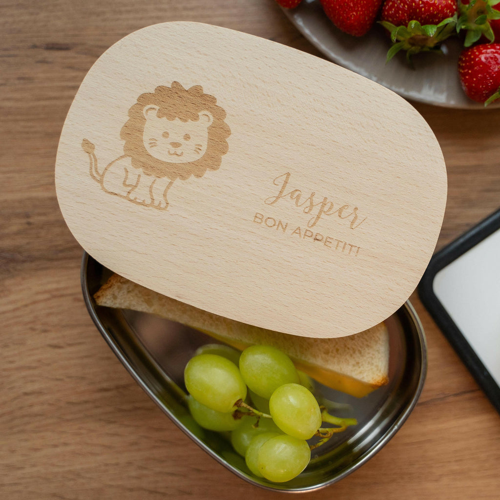 Personalisierte Kinderbrotdose Kindergarten - Lunchbox Kinder aus Edelstahl mit Holzdeckel - Löwe Motiv - Image 6