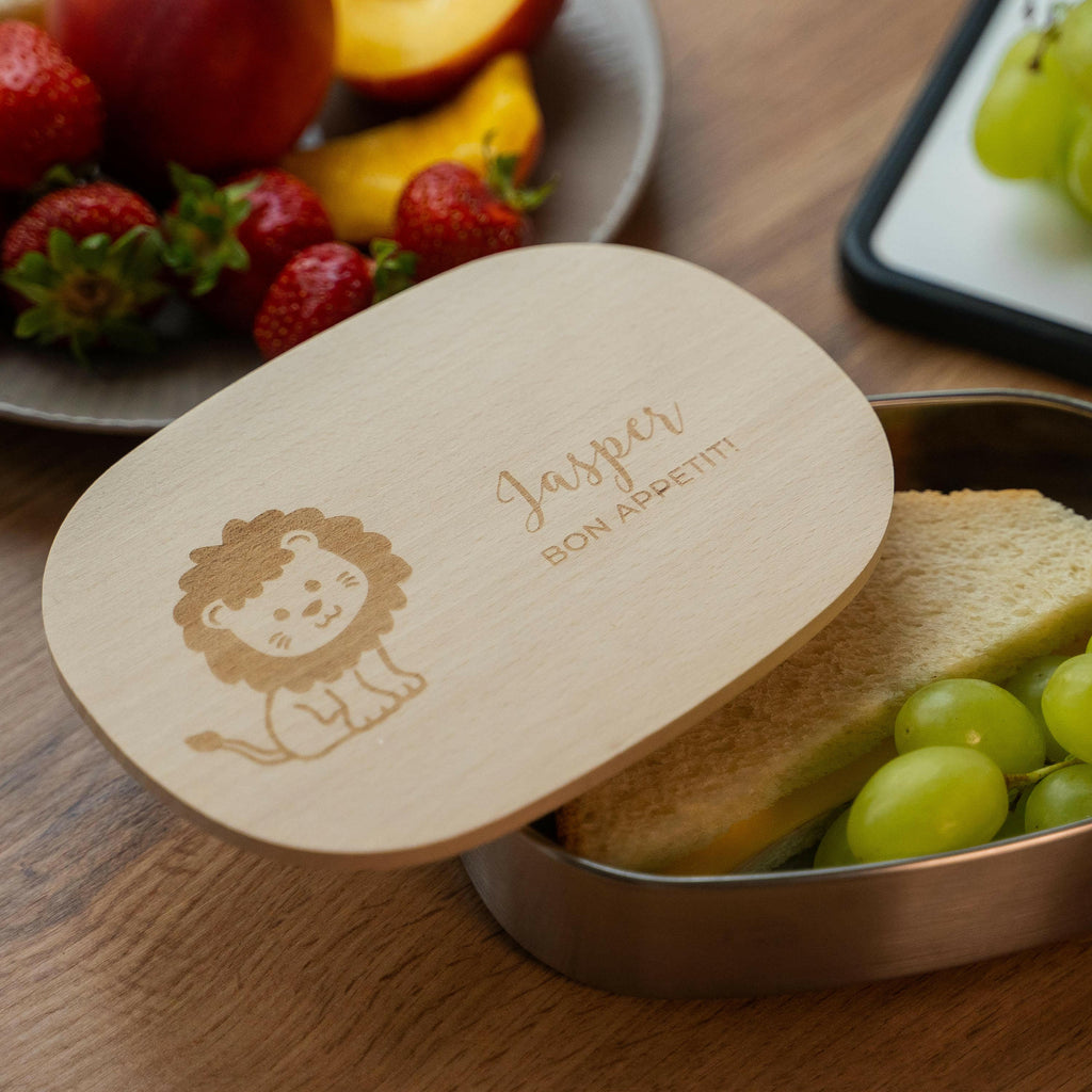 Personalisierte Kinderbrotdose Kindergarten - Lunchbox Kinder aus Edelstahl mit Holzdeckel - Löwe Motiv - Image 7