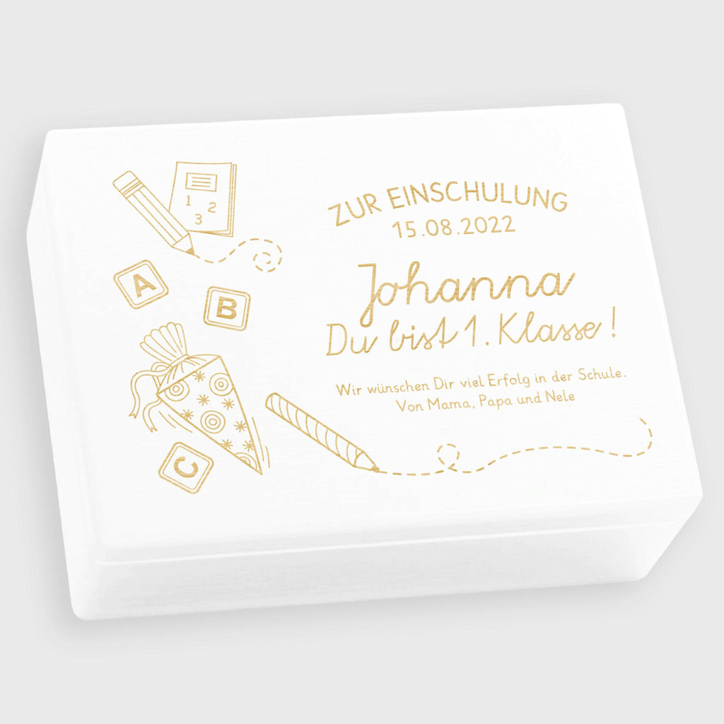Erinnerungskiste - Schultüte mit Name & Datum - Erinnerungsbox Weiß FSC® | Geschenk zur Einschulung, Schulanfang & Schulstart für Jungen & Mädchen.