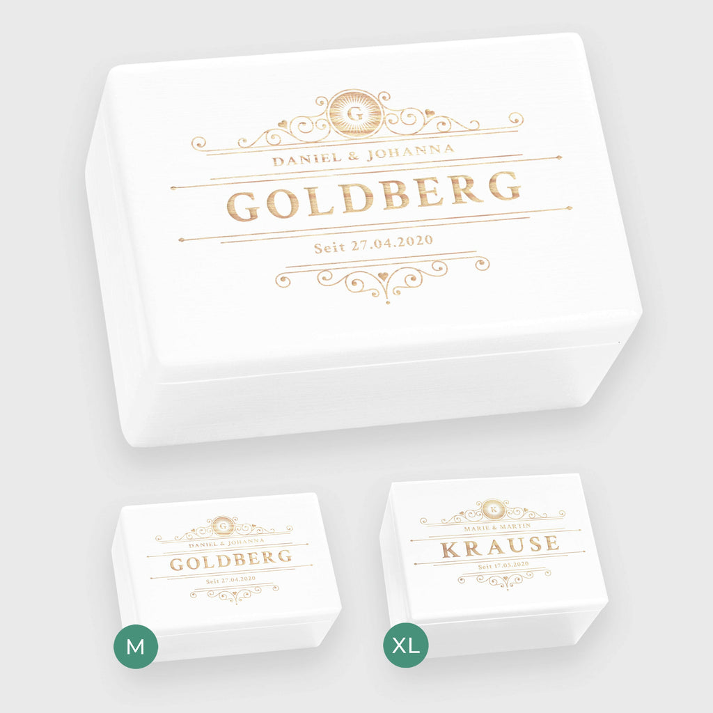 Erinnerungsbox zur Hochzeit - Ranken - Hochzeitskiste personalisiert mit Gravur - Holzkiste Weiß, FSC®️ | Erinnerungskiste Holzbox Erinnerung.