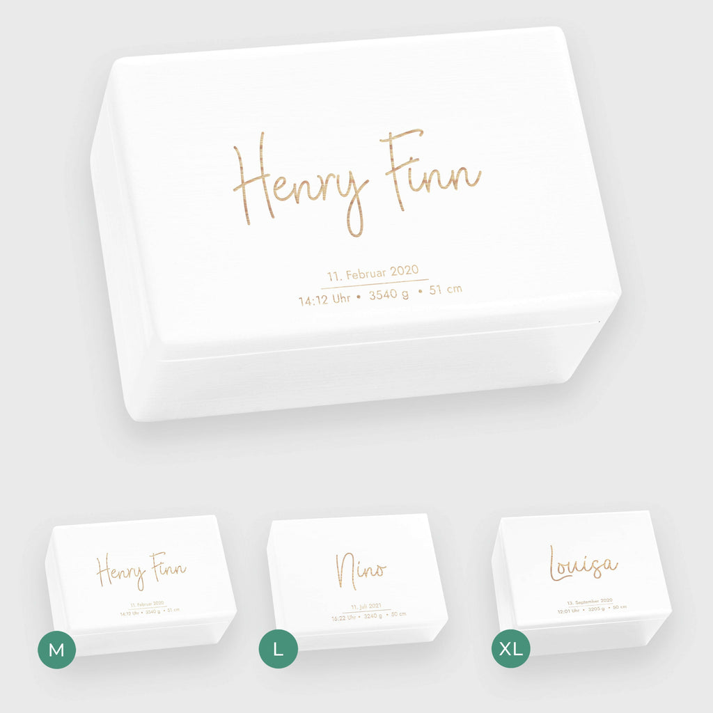 Erinnerungsbox für Baby - Niers - Holzkiste Personalisiert mit Namen - Weiß, FSC® | Erinnerungskiste mit Gravur, Babykiste groß & klein - M | L | XL.