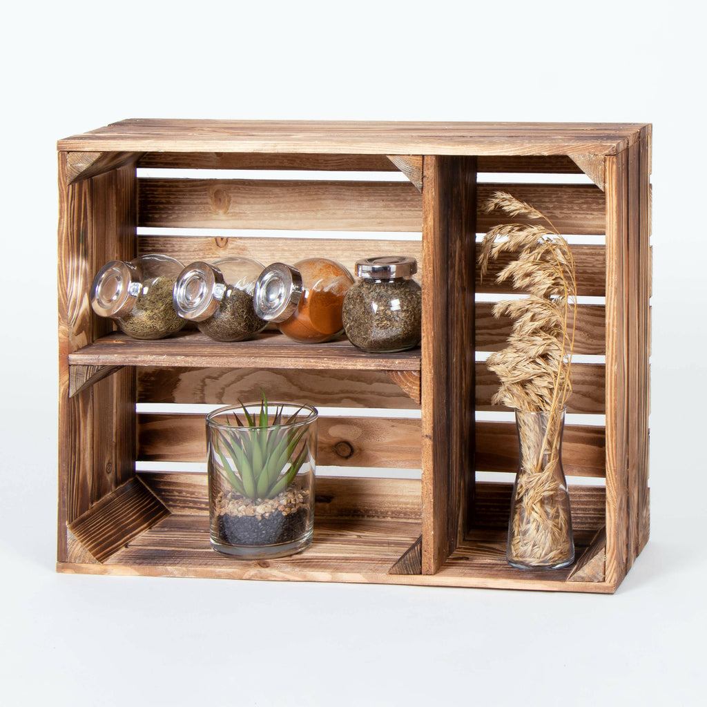 Gewürzregal aus Massivholz Geflammt - Wandregal Holz | Küchenregal stehend für Arbeitsplatte oder Wand, Vintage Weinkiste Holzkisten Regal für Gewürze.