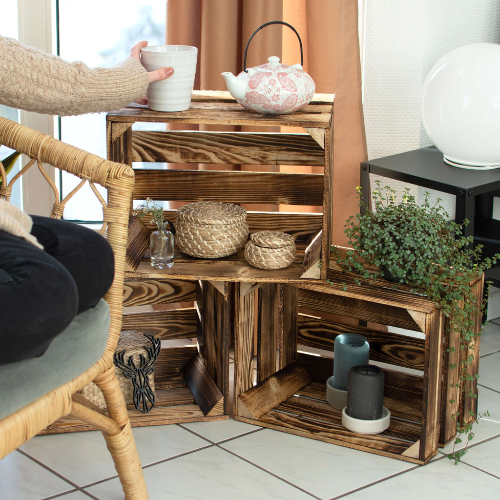 Holzkisten braun - Weinkisten Geflammt - 3er Set Obstkiste Vintage | Deko Kisten aus Holz - Holzkiste Weinkiste klein & groß - Größen M | L | XL.