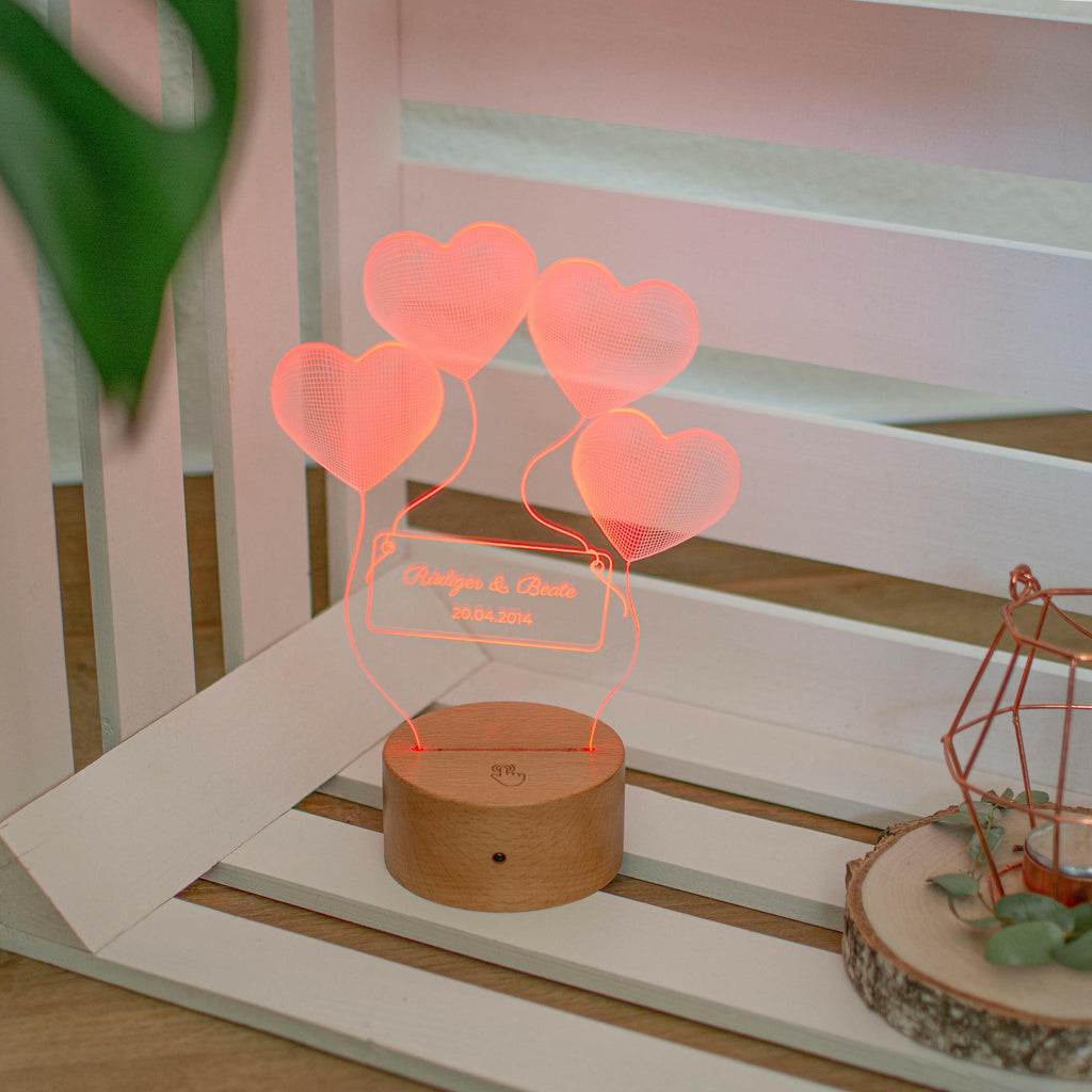 LED Stimmungslicht für Paare - Personalisiert - 3D Lampe mit Holzsockel - Ballonherzen - Image 3