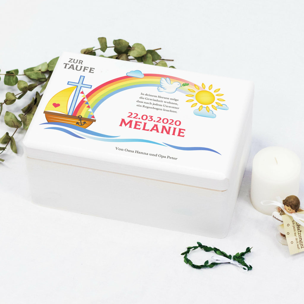 Personalisierte Erinnerungsbox als Taufgeschenk - Nach der Sintflut - Weiß, FSC® | Erinnerungskiste Geschenk für Taufkind von Taufpaten, Oma und Opa.