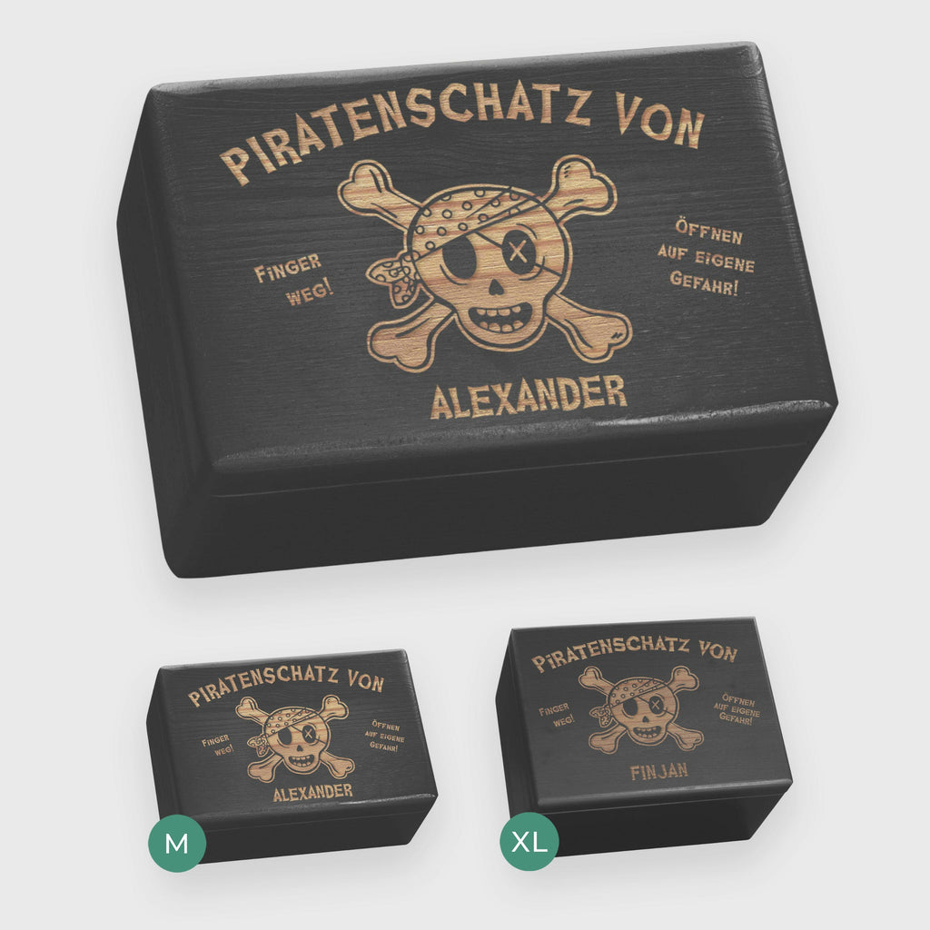 Holzkiste mit Gravur - Personalisiert - Piratenschatz Motiv für Kinder - Schwarz.
