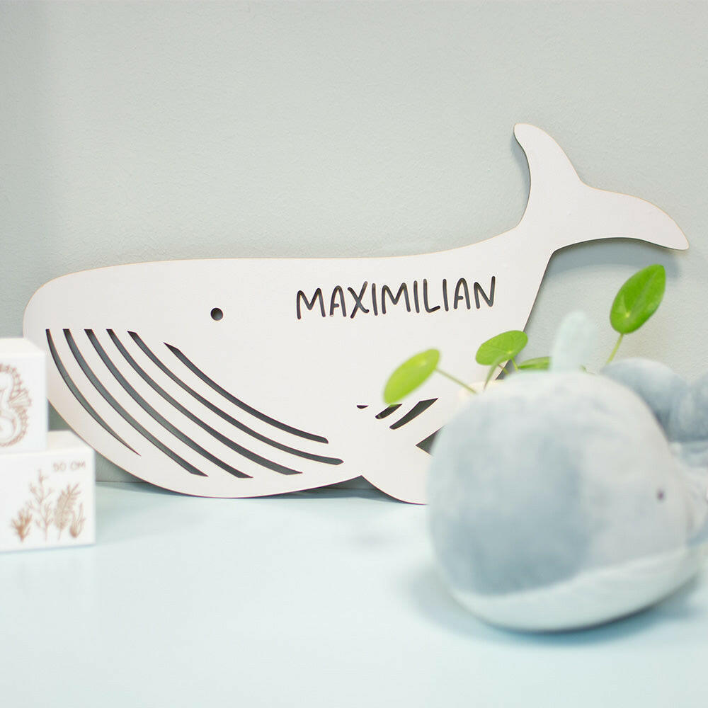 Schlummerlicht Baby mit Namen - Kinder Nachtlicht Personalisiert - Wal & Ocean | LED Holz Lampe.