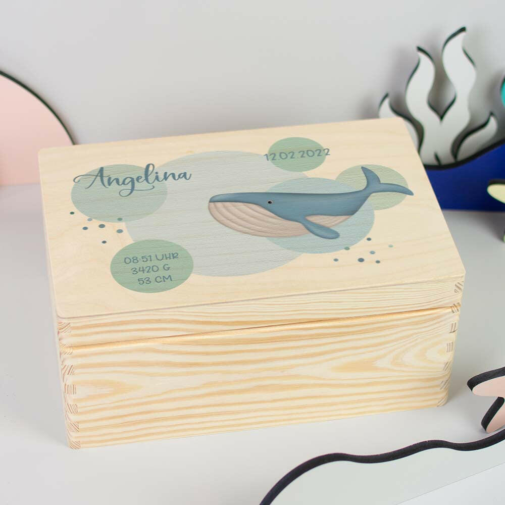 Erinnerungsbox für Baby - Wal & Ozean - Holzkiste zur Geburt - Natur, FSC® | Personalisierte Erinnerungskiste als Geschenk, Babykiste - M & L.