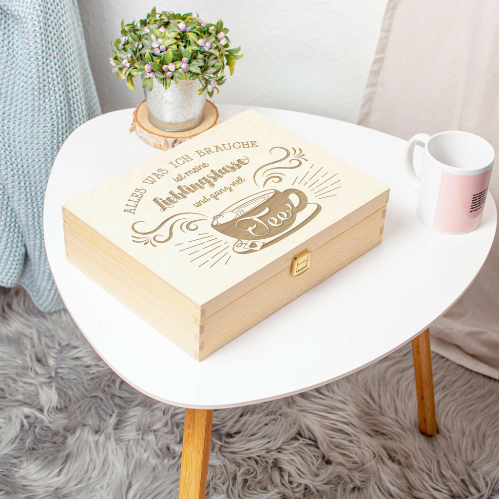 Teebox aus Holz natur - ca. 29 x 22 x 8 cm groß - Lieblingstasse Motiv - Teekiste für Teebeutel | 12 Fächer Kiste Box Organizer für Tee.
