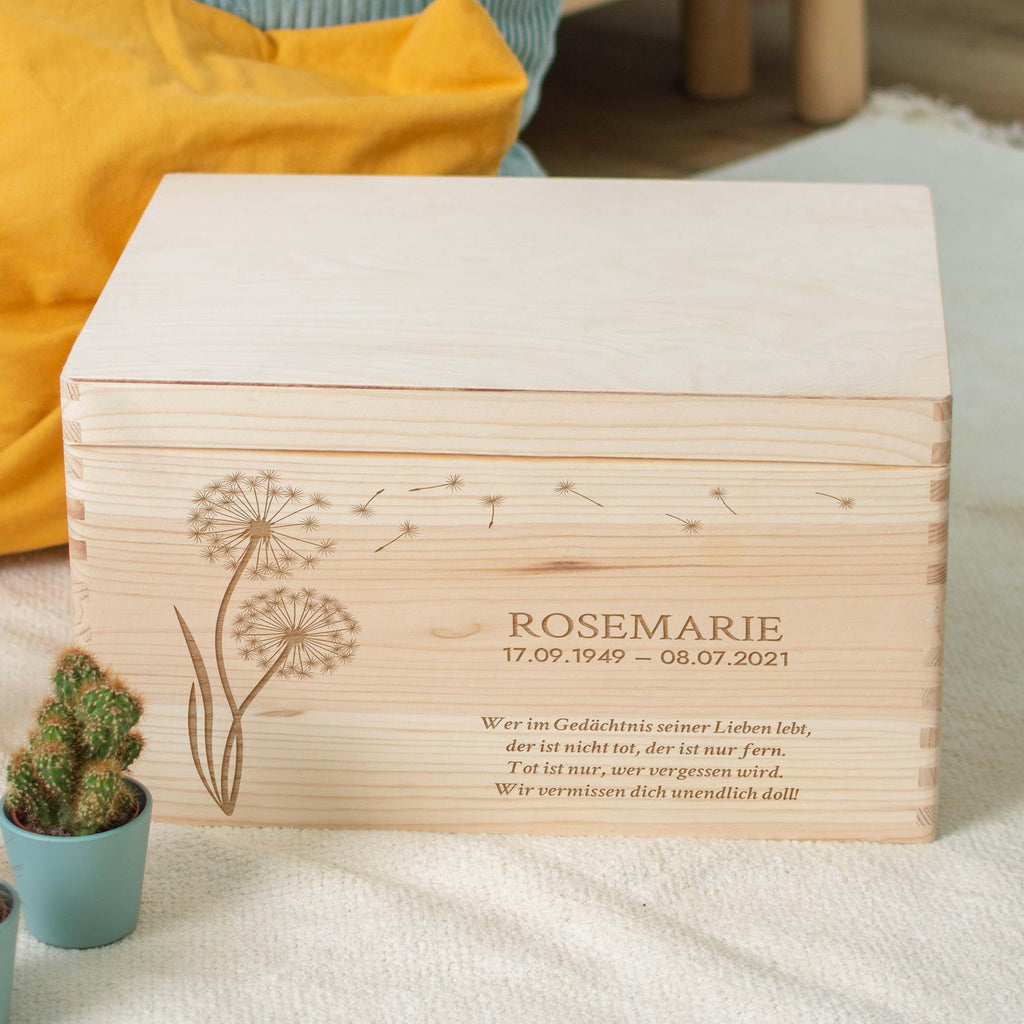 Erinnerungskiste an geliebte Menschen - Personalisiert - Pusteblume Front-Motiv - Größe XL.
