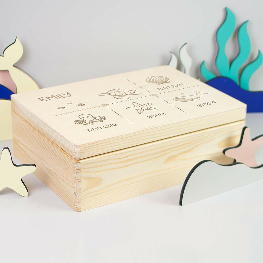Holzkiste mit Gravur - Personalisiert - Meerestiere Motiv - Ocean Serie - Natur.