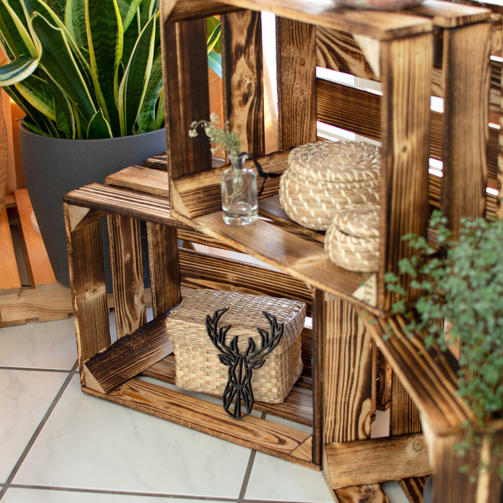 Holzkisten braun - Weinkisten Geflammt - 3er Set Obstkiste Vintage | Deko Kisten aus Holz - Holzkiste Weinkiste klein & groß - Größen M | L | XL.