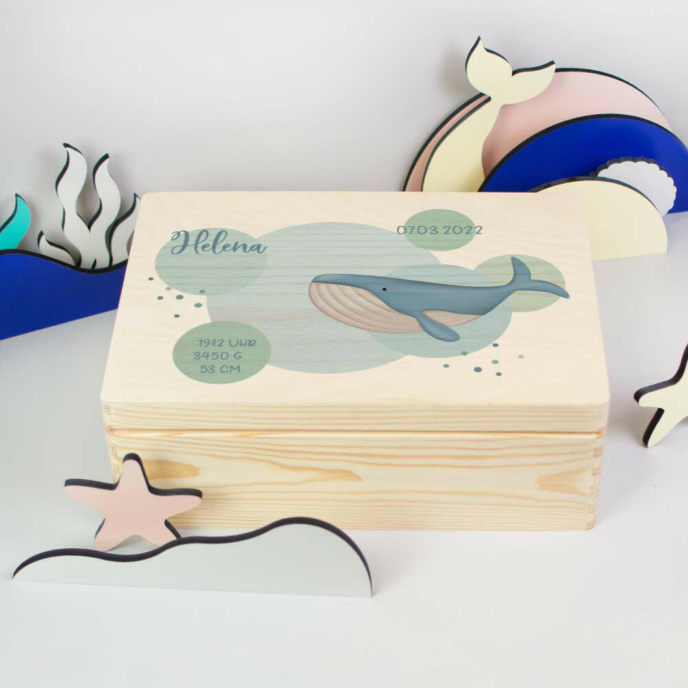 Erinnerungsbox für Baby - Wal & Ozean - Holzkiste zur Geburt - Natur, FSC® | Personalisierte Erinnerungskiste als Geschenk, Babykiste - M & L.