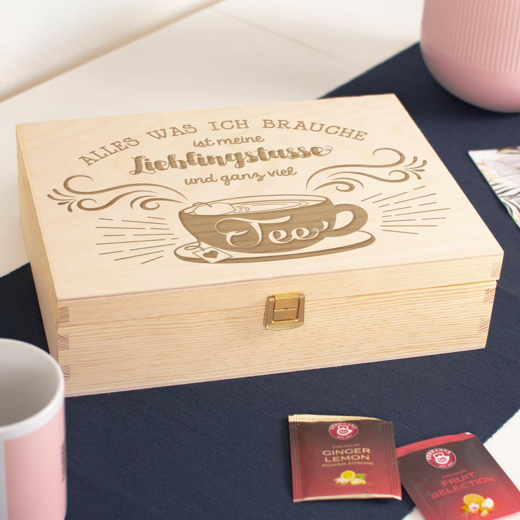 Teebox aus Holz natur - ca. 29 x 22 x 8 cm groß - Lieblingstasse Motiv - Teekiste für Teebeutel | 12 Fächer Kiste Box Organizer für Tee.