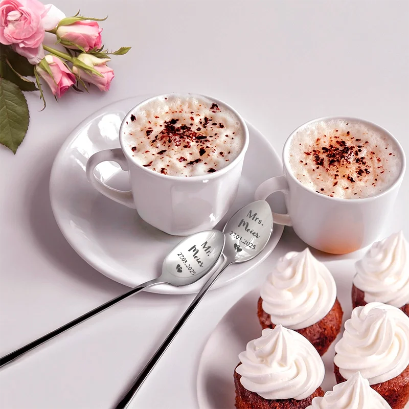 Dessertlöffel mit Gravur zur Hochzeit - 2er‑Set Kaffeelöffel Personalisiert als Geschenke - Mr & Mrs - Image 4