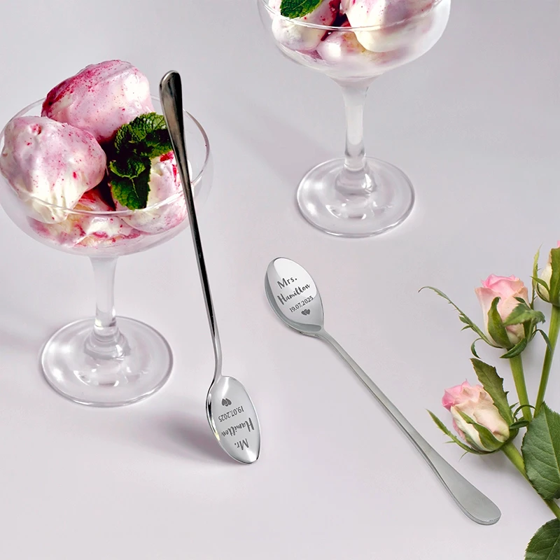 Dessertlöffel mit Gravur zur Hochzeit - 2er‑Set Kaffeelöffel Personalisiert als Geschenke - Mr & Mrs - Image 6
