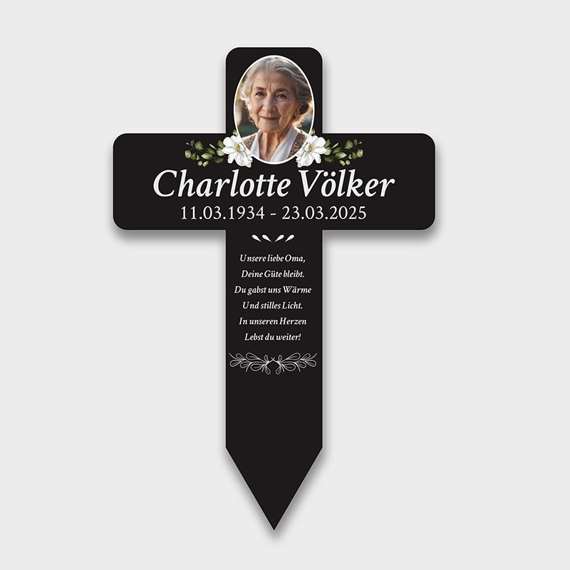 Personalisiertes Grabkreuz aus Acryl als Grabschmuck für Menschen mit Foto & Wunschtext - Blumen - Image 1