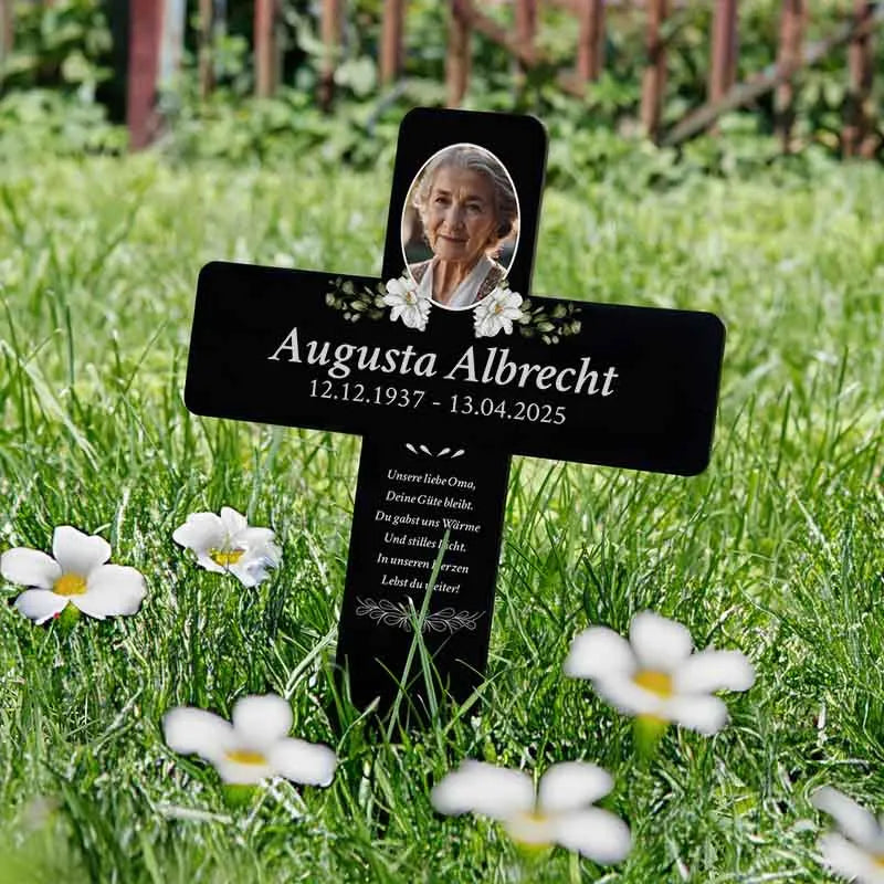 Personalisiertes Grabkreuz aus Acryl als Grabschmuck für Menschen mit Foto & Wunschtext - Blumen - Image 2