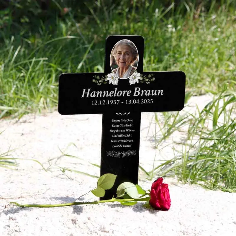 Personalisiertes Grabkreuz aus Acryl als Grabschmuck für Menschen mit Foto & Wunschtext - Blumen - Image 7