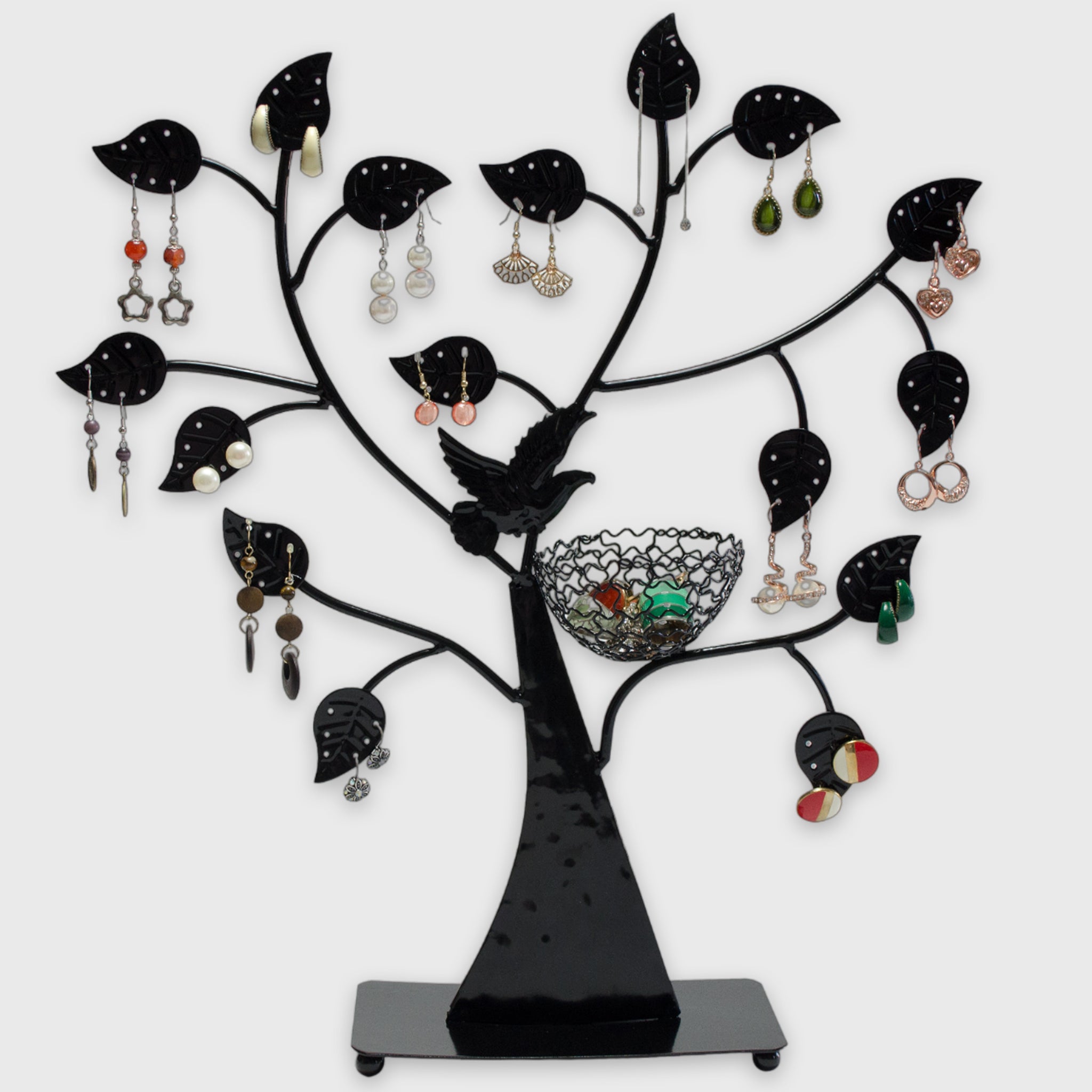 ohrring aufbewahrung baum Schmuckständer "Schmuckbaum" (Metall, Gelochte Blätter & Ring Korb),  Schwarz