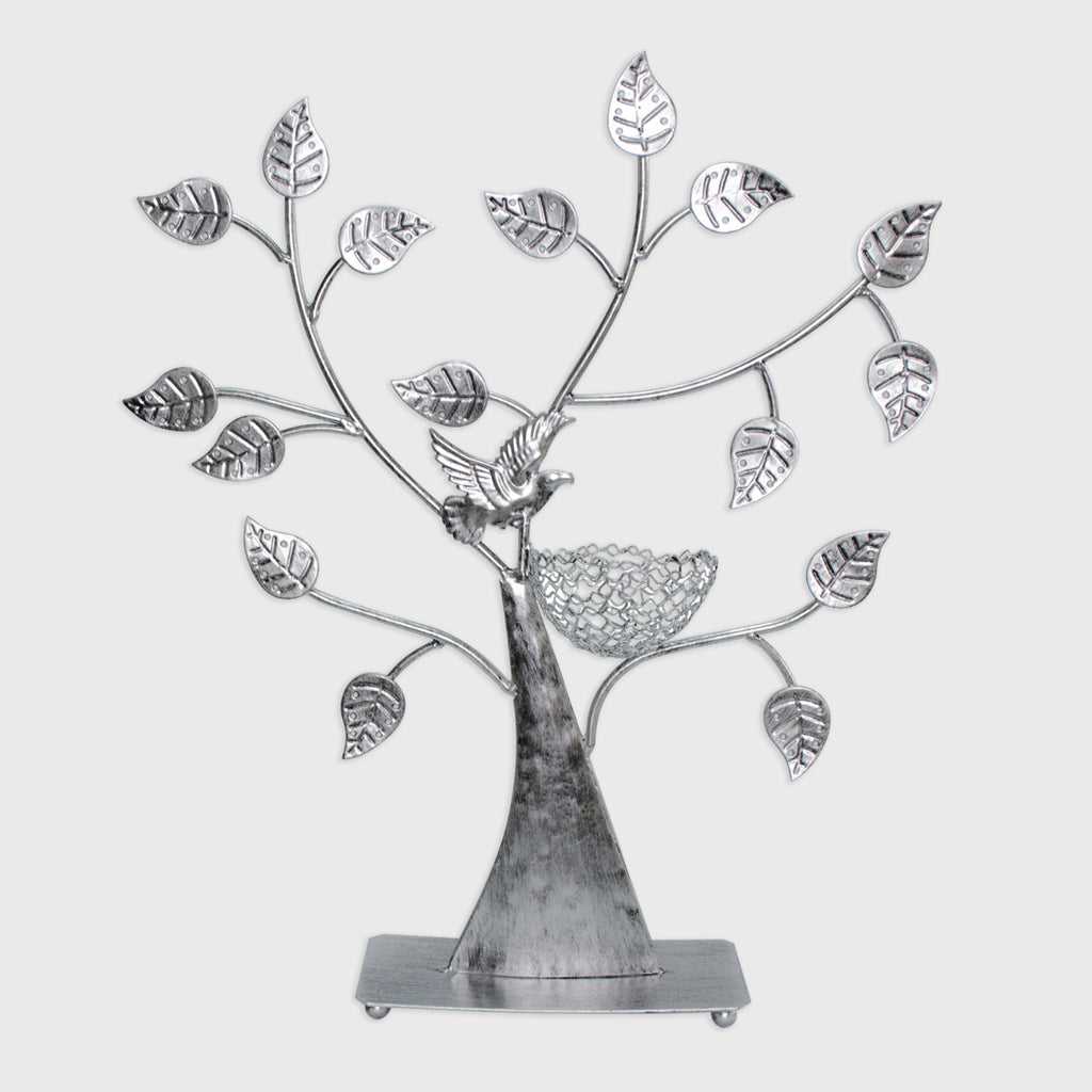 Schmuckständer "Schmuckbaum" - Metall, Gelochte Blätter & Ring Korb - ca. 43 x 39 x 8 cm, Silbern - Schmuckaufbewahrung für Ohrringe & Ringe - Image 2