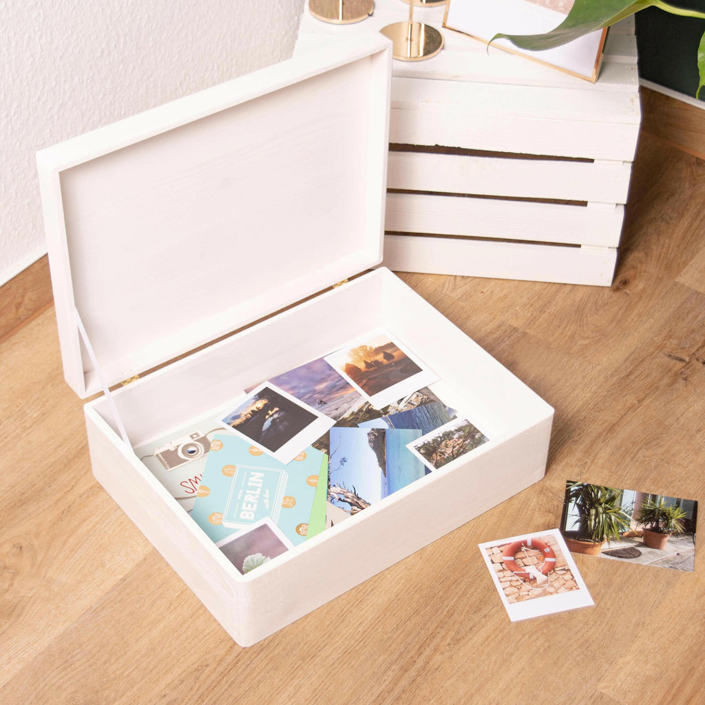 Holzkiste mit Deckel - weiß - Erinnerungsbox Groß | Aufbewahrungskiste Erinnerungskiste aus Holz, Holzbox lakiert, FSC® - diverse Größen.