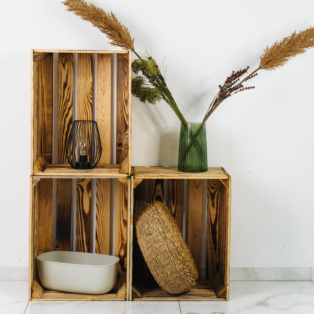 Holzkisten Regal Vintage - Weinkisten Geflammt | Deko Kisten Holz Set - Obstkiste Holzkiste Weinkiste - Wintergarten & Outdoor Möbel Boho & Shabby.