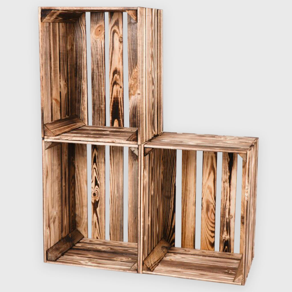 Holzkisten braun - Weinkisten Geflammt - 3er Set Obstkiste Vintage | Deko Kisten aus Holz - Holzkiste Weinkiste klein & groß - Größen M | L | XL.