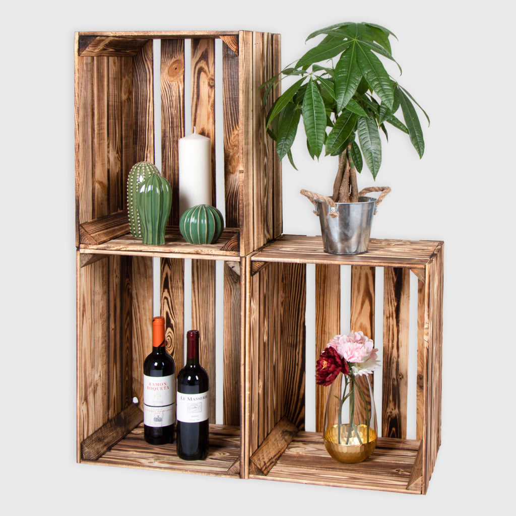 Holzkisten Regal Vintage - Weinkisten Geflammt | Deko Kisten Holz Set - Obstkiste Holzkiste Weinkiste - Wintergarten & Outdoor Möbel Boho & Shabby.