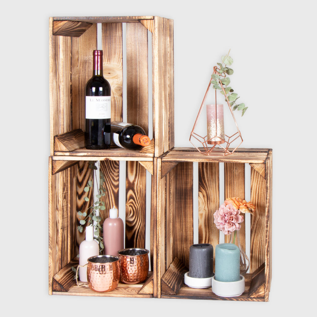 Holzkisten braun - Weinkisten Geflammt - 3er Set Obstkiste Vintage | Deko Kisten aus Holz - Holzkiste Weinkiste klein & groß - Größen M | L | XL.