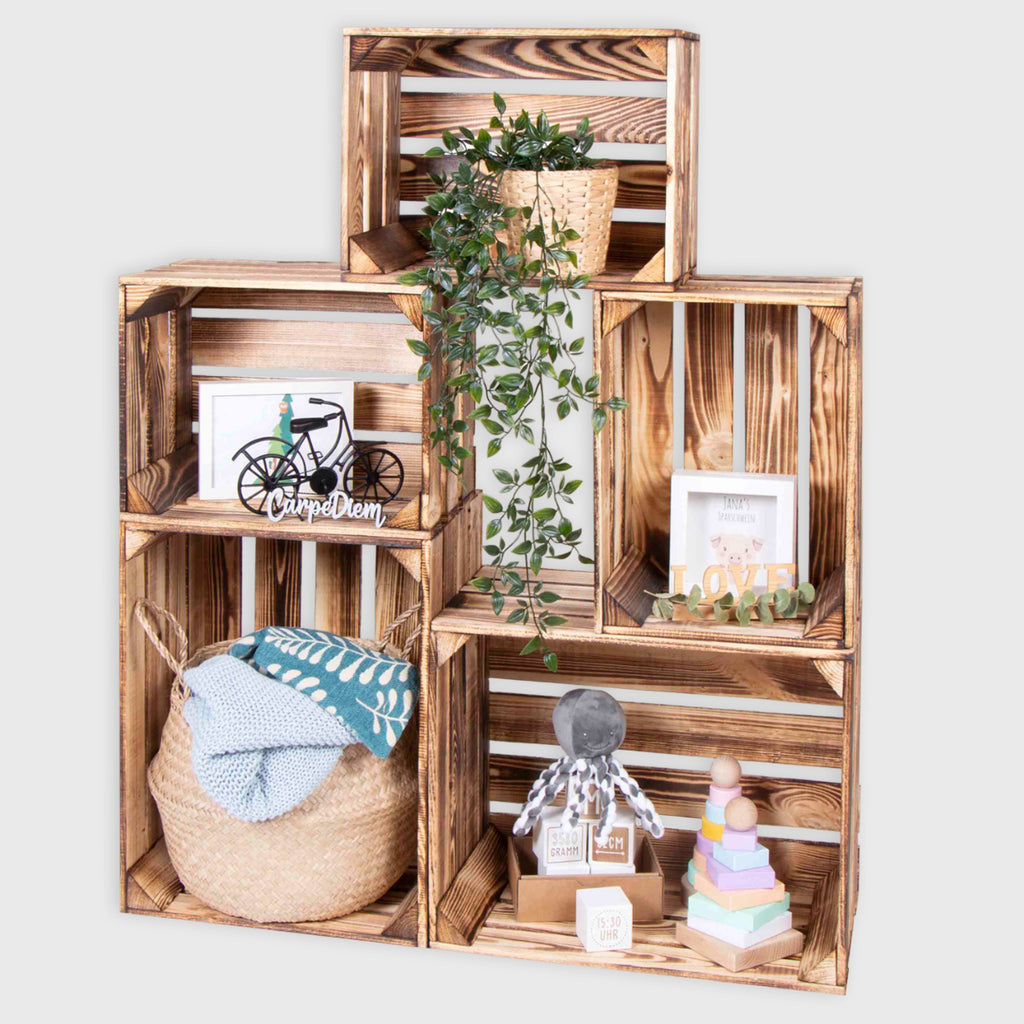 Holzkisten Regal Vintage - Weinkisten Geflammt | Deko Kisten Holz Set - Obstkiste Holzkiste Weinkiste - Wintergarten & Outdoor Möbel Boho & Shabby.