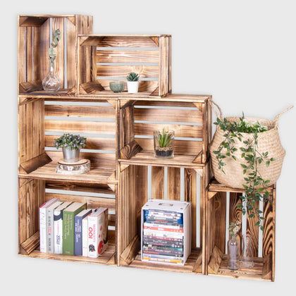 Holzkisten Regal Vintage - Weinkisten Geflammt | Deko Kisten Holz Set - Obstkiste Holzkiste Weinkiste - Wintergarten & Outdoor Möbel Boho & Shabby.