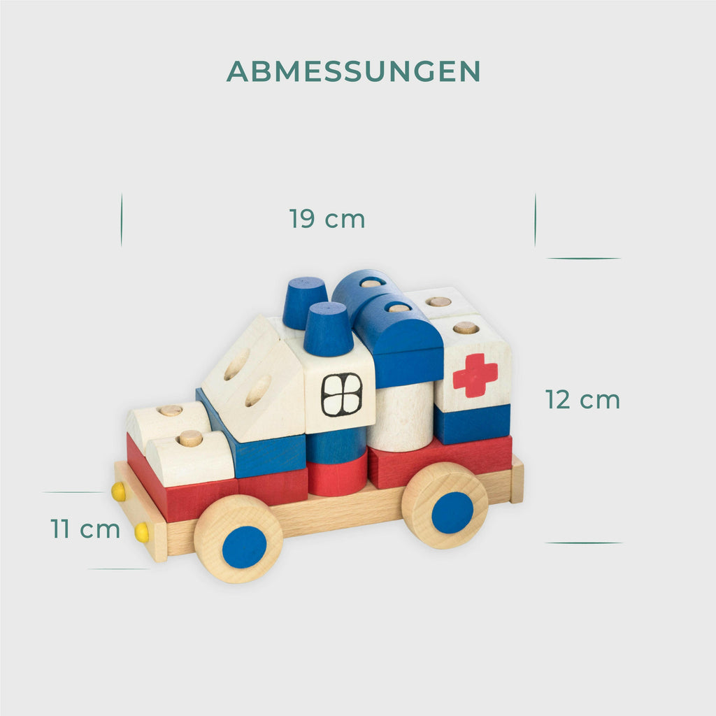 Krankenwagen Kinderspielzeug - Stapelspiel aus Holzbausteinen.