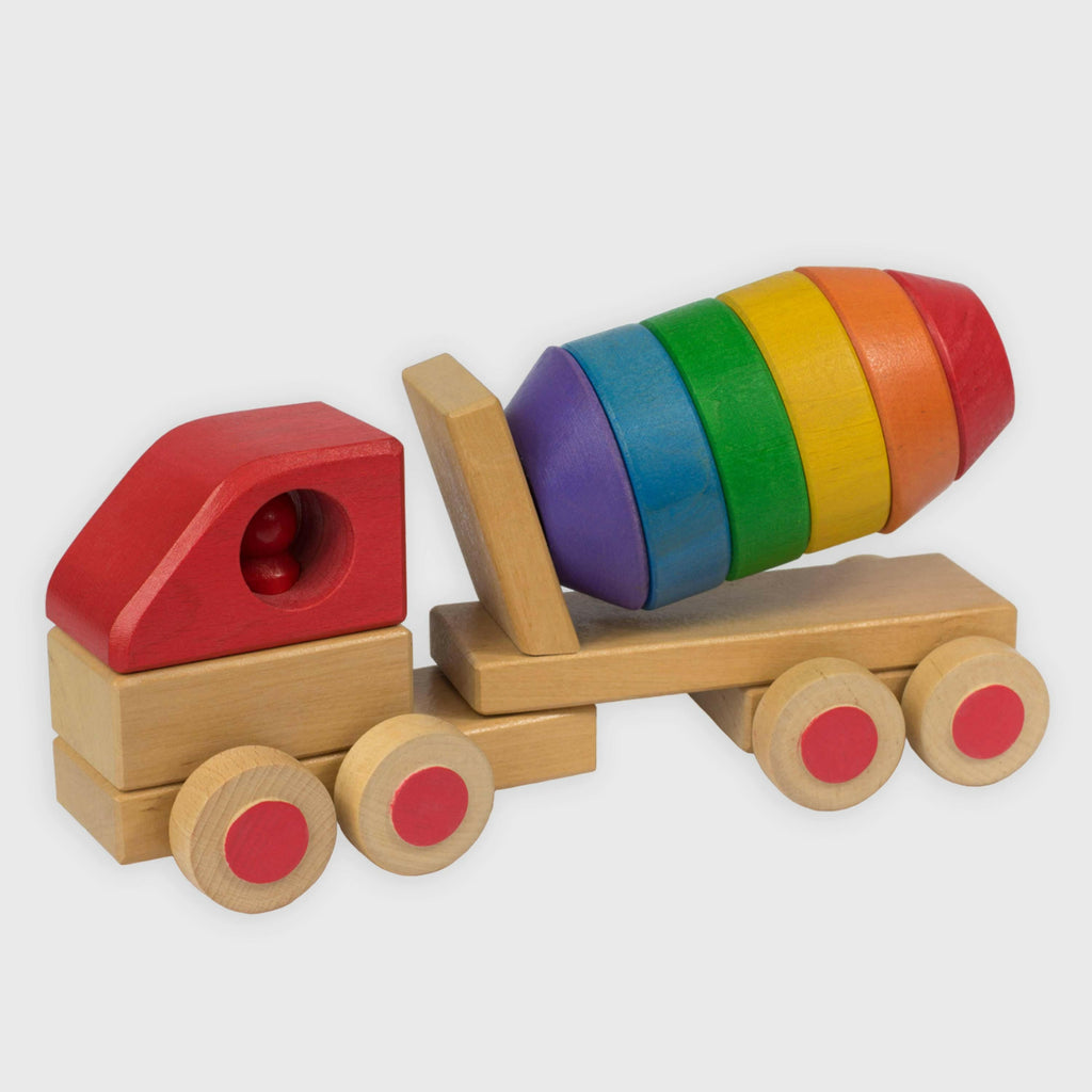 Betonmischer für Kinder - Stapelspiel aus Holzscheiben.