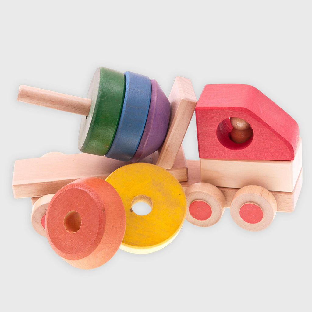 Betonmischer für Kinder - Stapelspiel aus Holzscheiben.