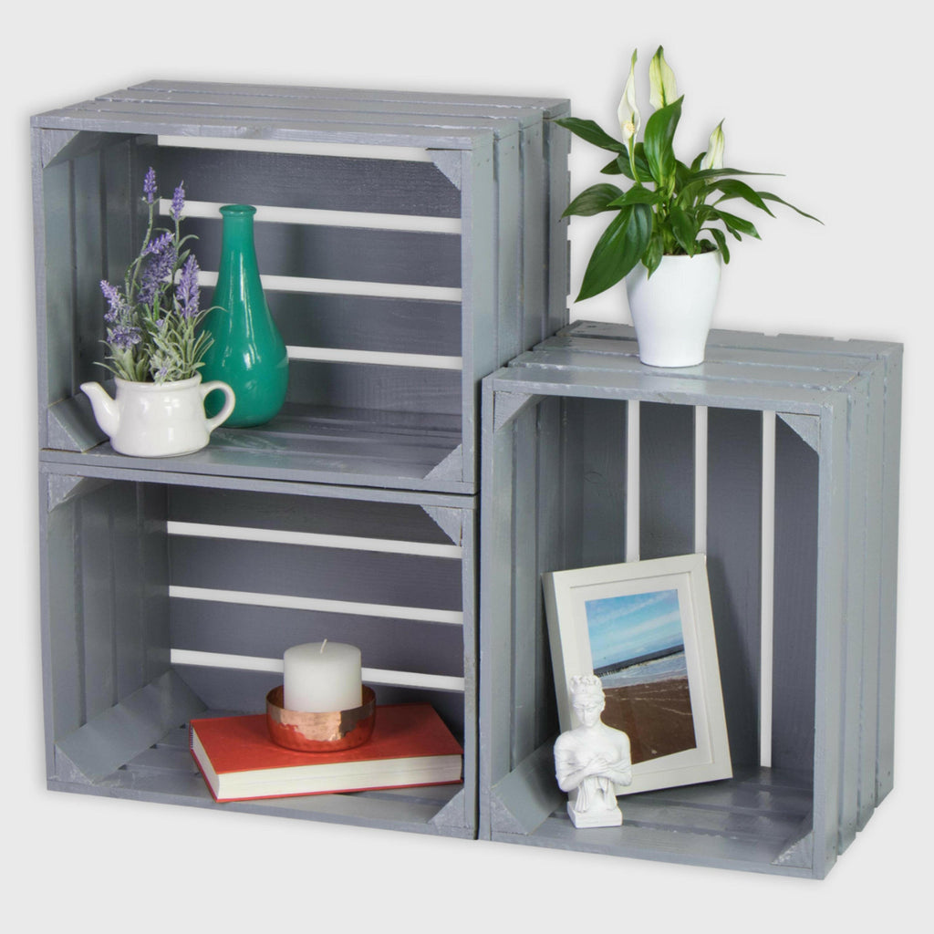 Obstkisten grau - 3er Set Obstkisten Regal anthrazit | Holzkisten Weinkisten Vintage - Weinkistenregal Bücherregal - Kisten aus Holz Größen M | L | XL.