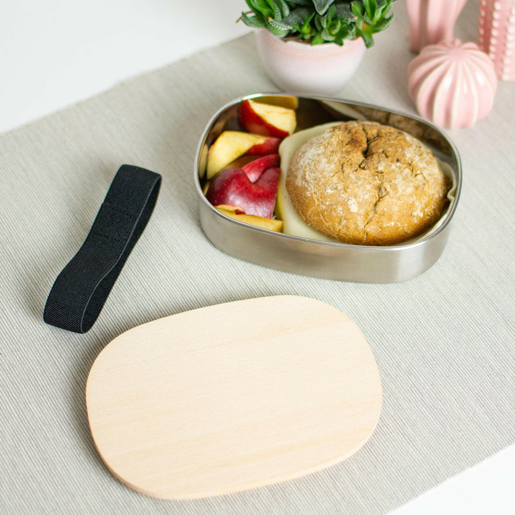 Brotdose Kinder - Edelstahl Lunchbox mit Holzdeckel.