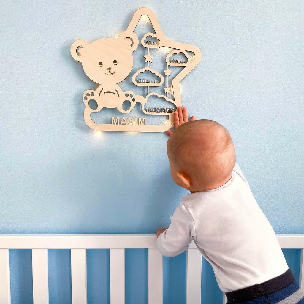 Schlummerlicht Baby mit Namen - Kinder Nachtlicht Personalisiert - Teddybär | LED Holz Lampe Teddy.